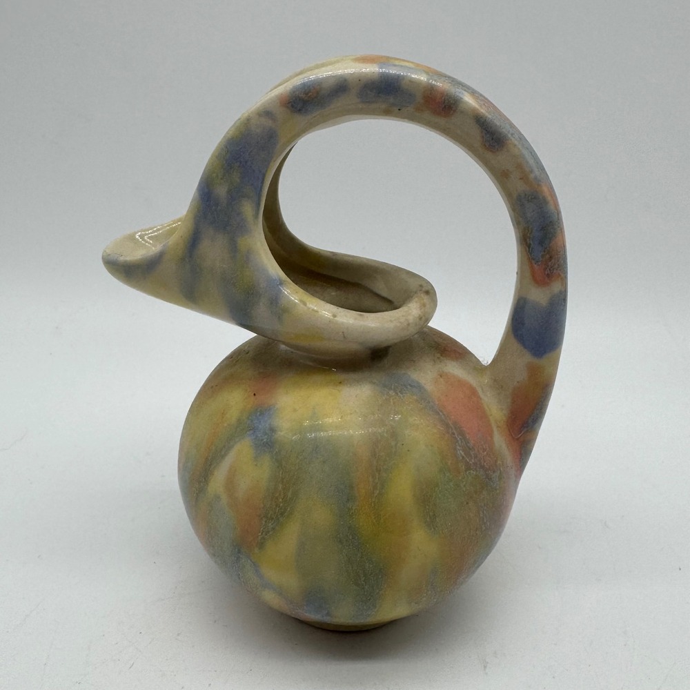 Vintage MCM Sculptural Loop Handle Ewer Vase Pastel Drip Glaze Pitcher Art Deco